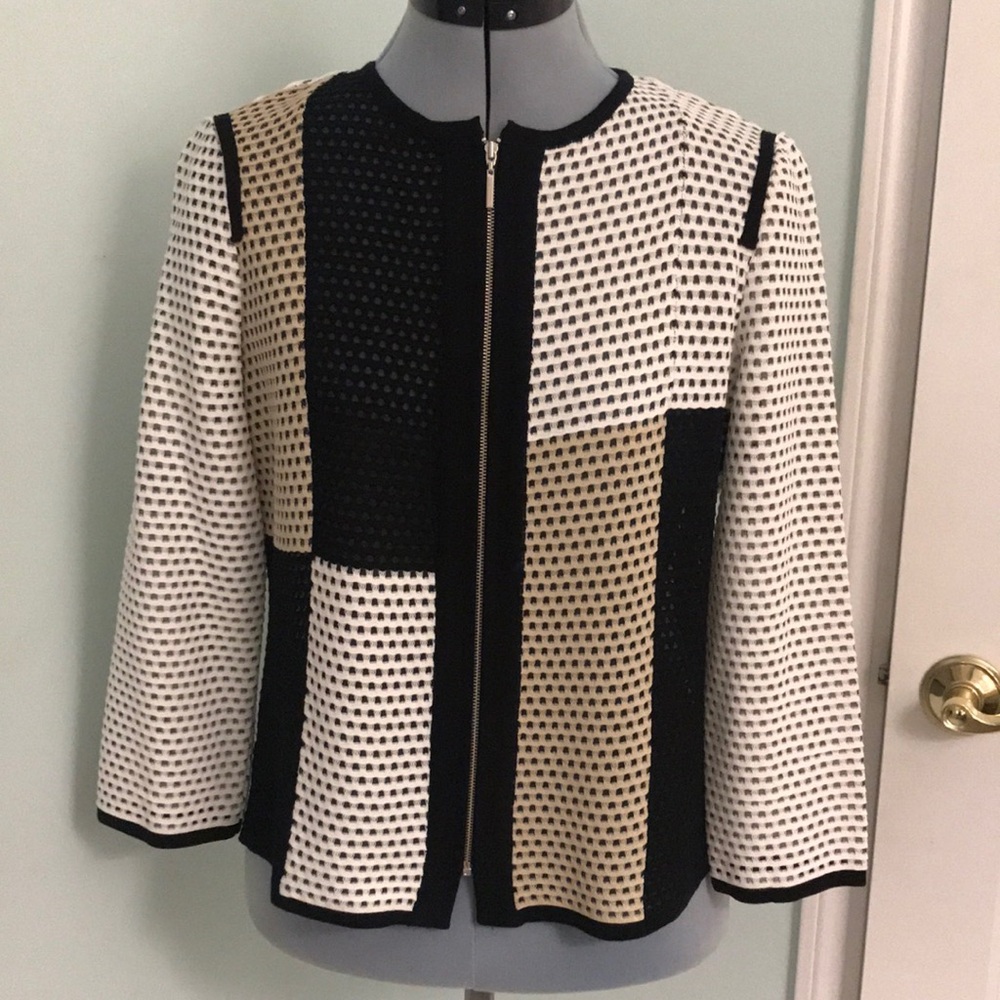 Ming Wang Black Tan White Color Block Perforated Cardigan Sweater Jacket XSP